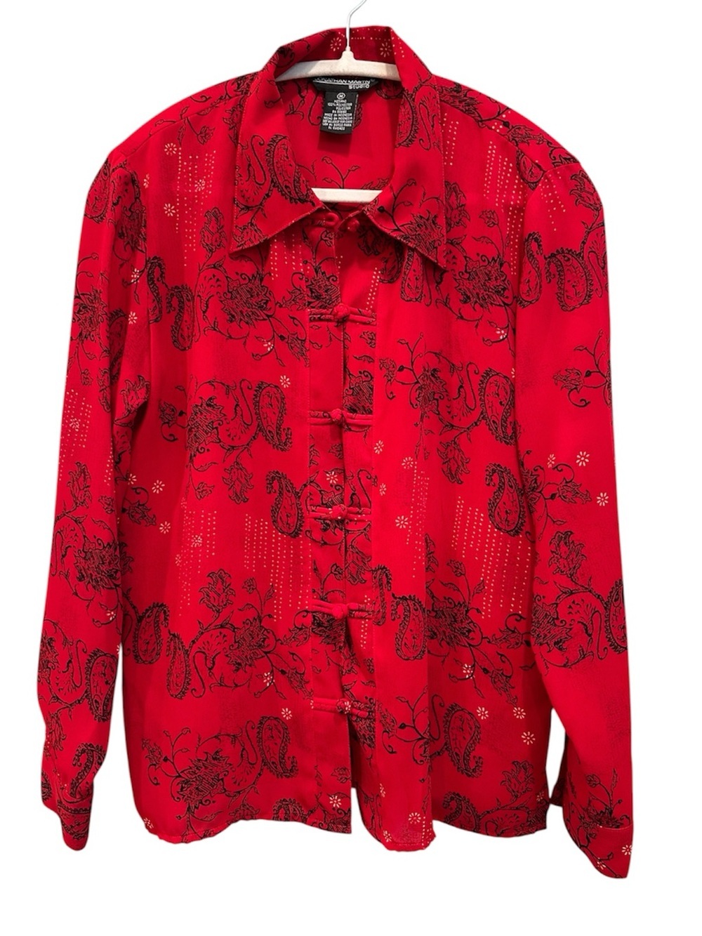 Red Paisley Button Front Blouse Vintage Top Career Collared Lightweight Sz M